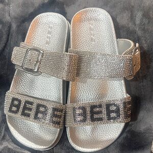bebe Silver Crystal Logo Slide Sandals